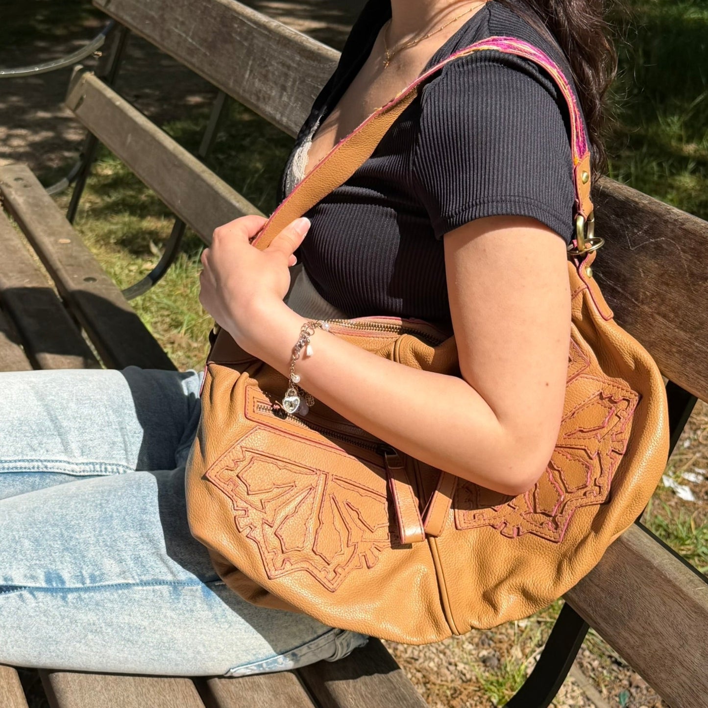 Vintage Butterfly by Matthew Williamson Embroidered Strap Tan Leather Bag
