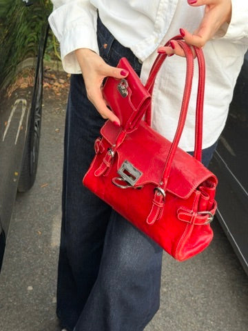 Vintage Jasper Conran Red Leather Satchel Shoulder Bag & Matching Purse Set