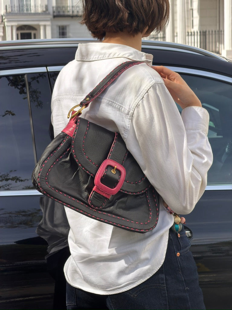 Vintage Butterfly by Matthew Williamson Black Leather Pink Stitch Shoulder Bag