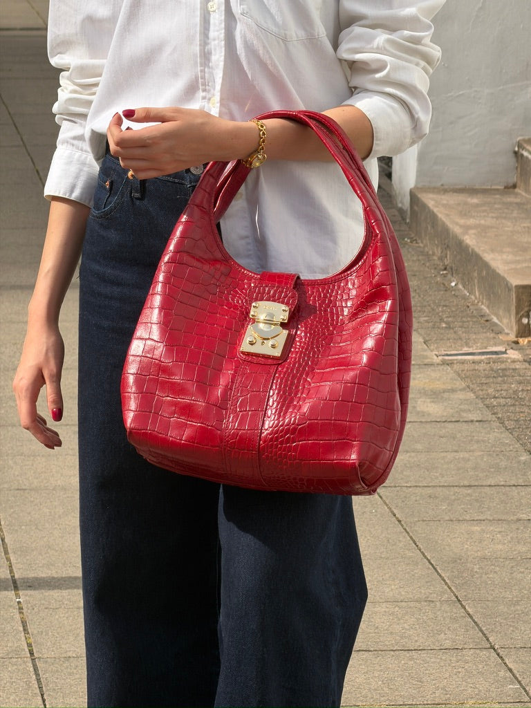 Vintage DKNY Red Croc-Embossed Leather Hobo Bag