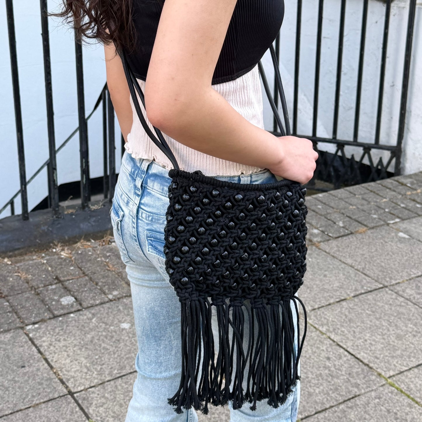 Vintage Jigsaw Beaded Macramé Tassel Shoulder Bag