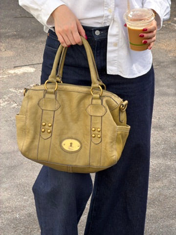 Vintage Fossil Olive Leather Studded Satchel Bag