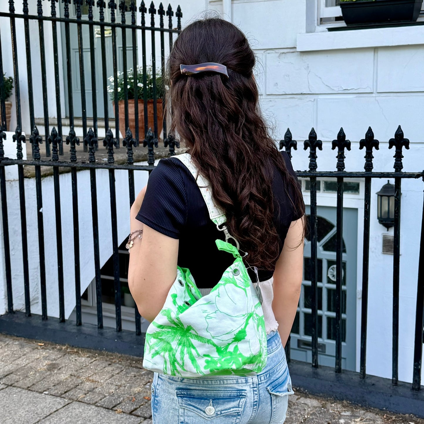 Vintage Roxy Reversible Green & White Tropical Canvas Bag