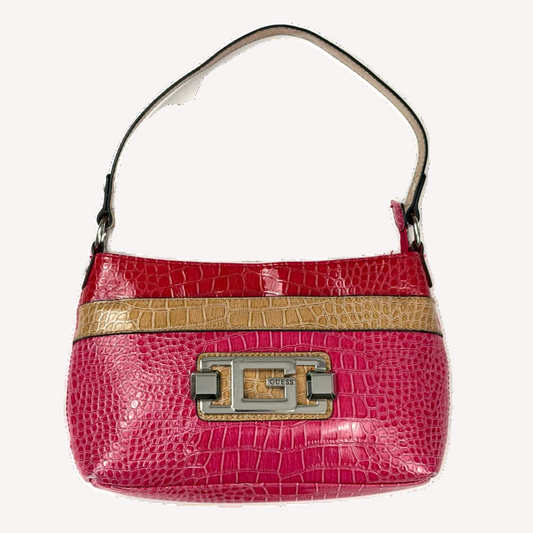 Vintage Guess Hot Pink & Beige Croc Baguette Bag
