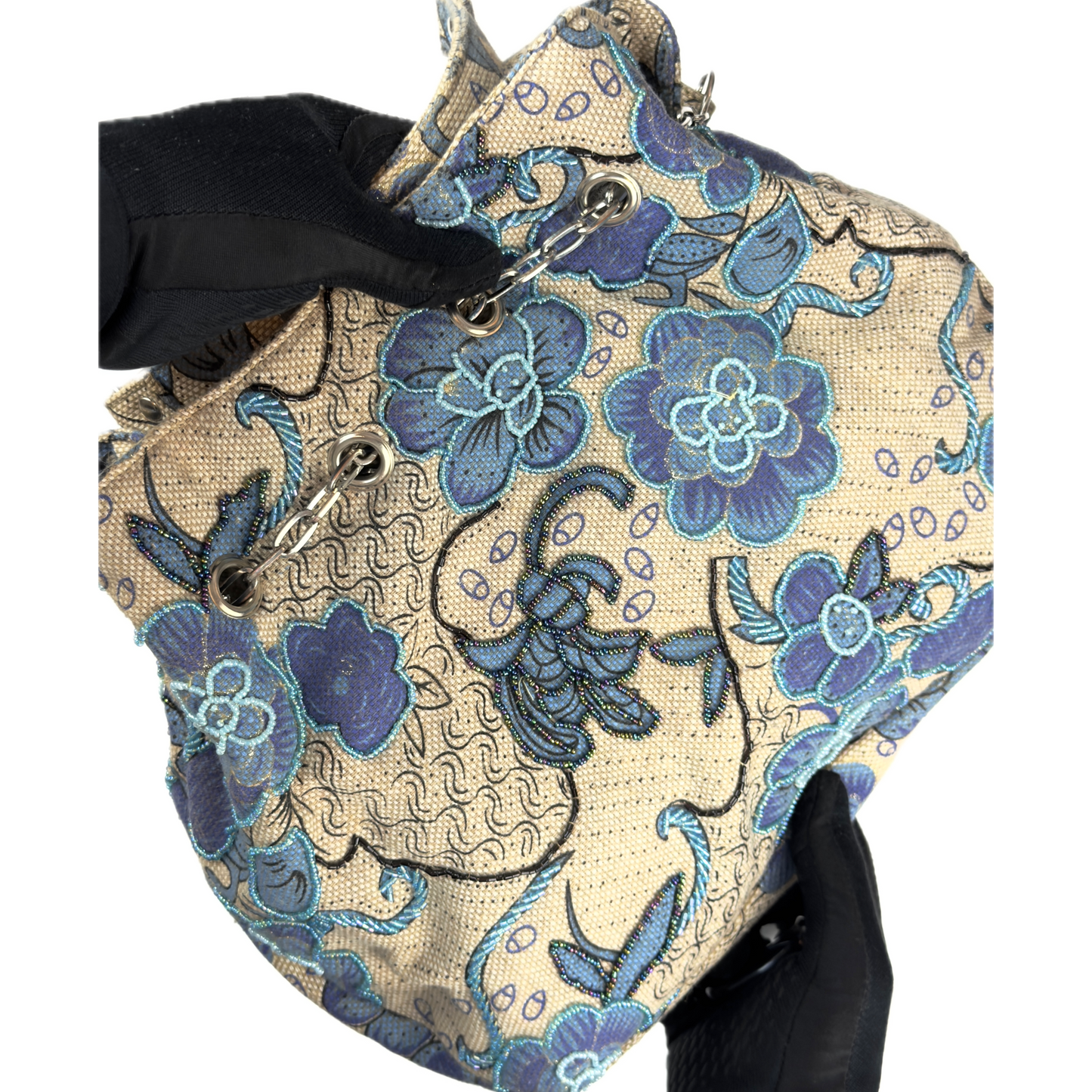 Vintage Leko London Beaded Blue & Beige Floral Shoulder Bag