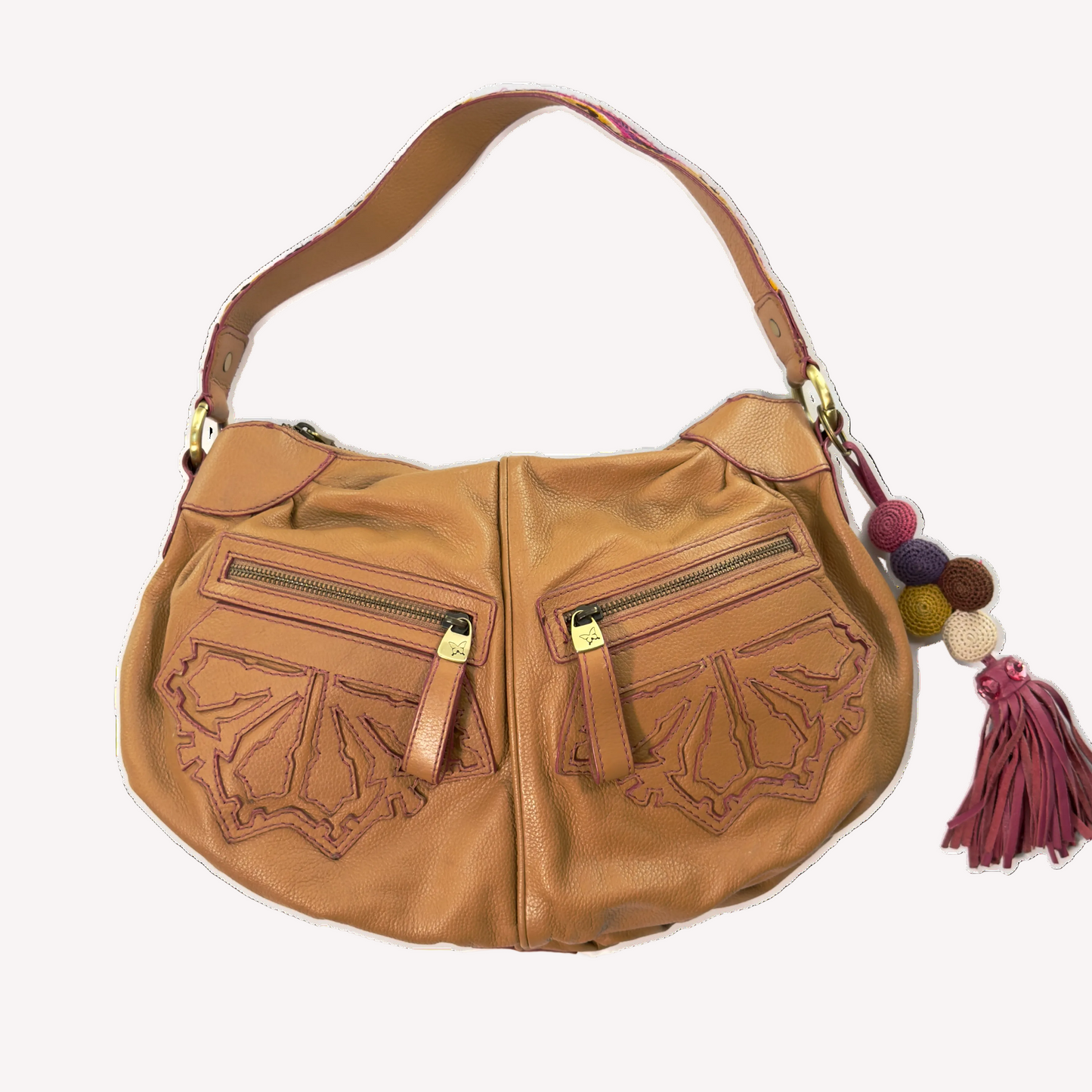 Vintage Butterfly by Matthew Williamson Embroidered Strap Tan Leather Bag