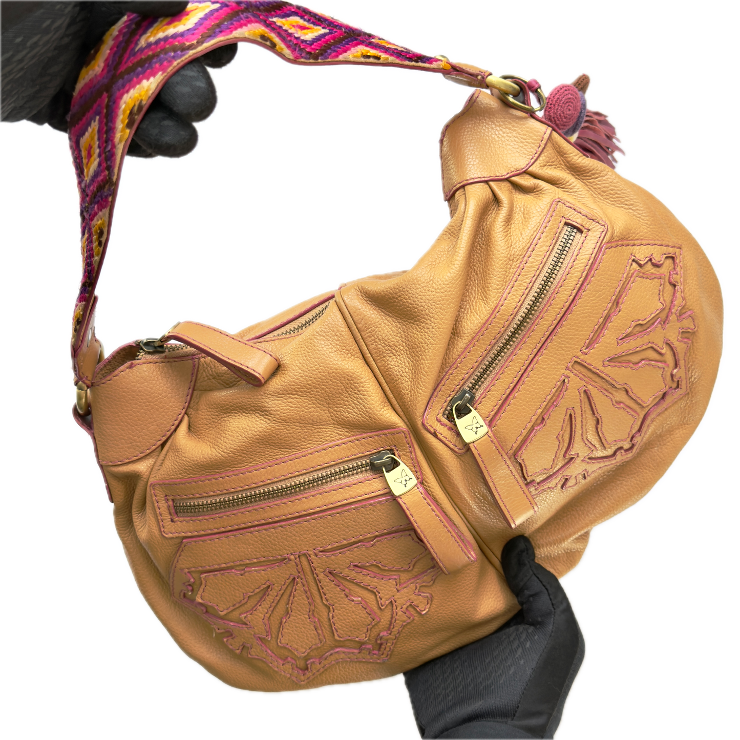 Vintage Butterfly by Matthew Williamson Embroidered Strap Tan Leather Bag