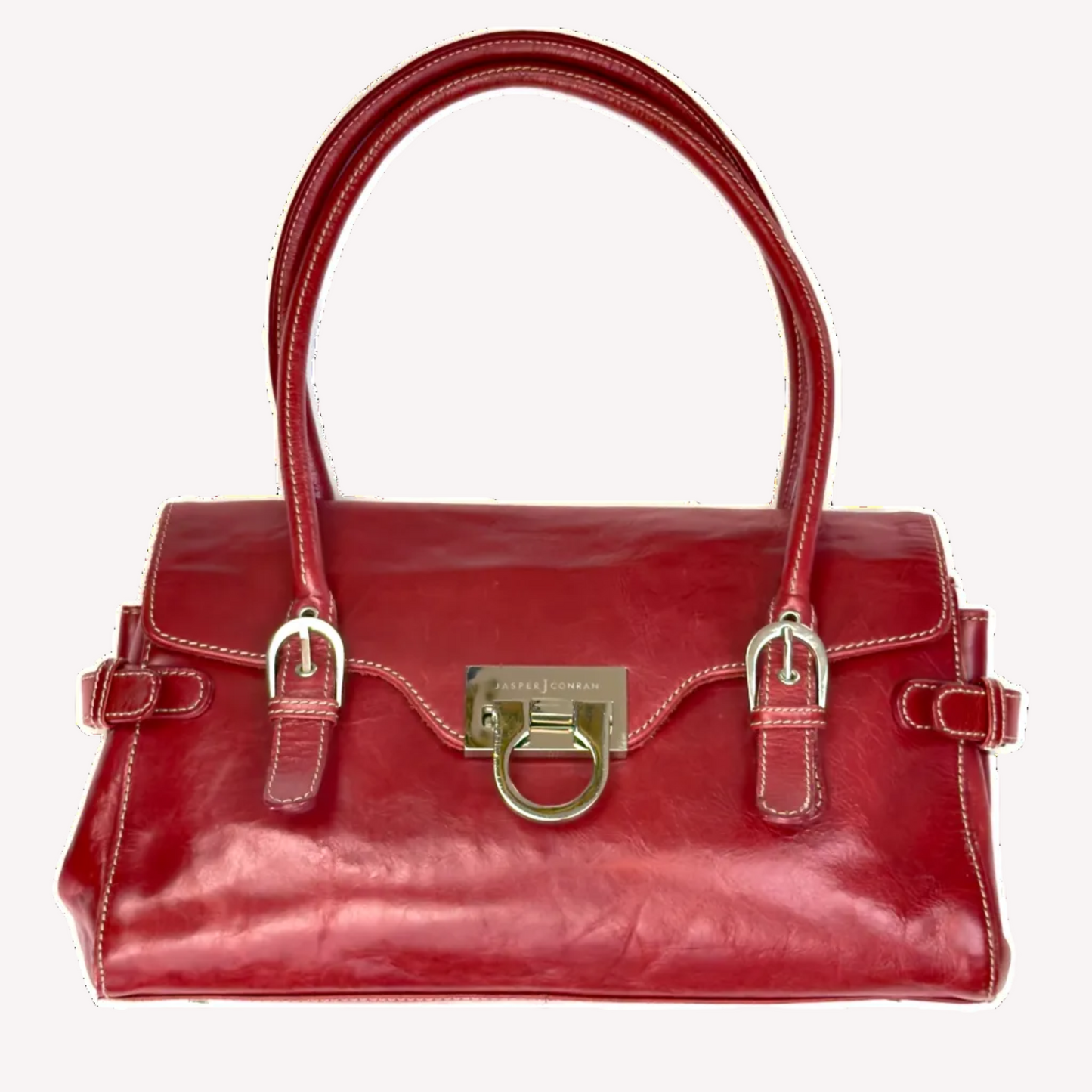 Vintage Jasper Conran Red Leather Satchel Shoulder Bag & Matching Purse Set
