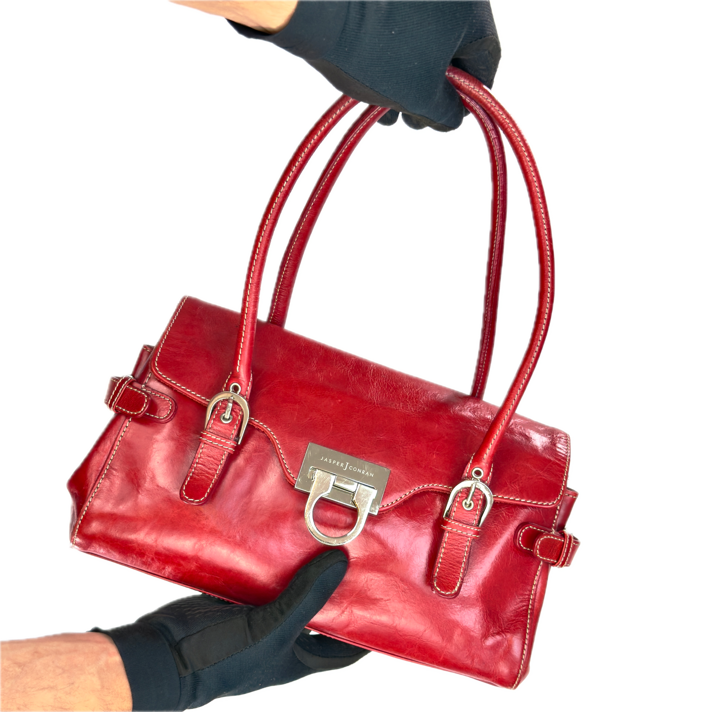 Vintage Jasper Conran Red Leather Satchel Shoulder Bag & Matching Purse Set