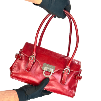 Vintage Jasper Conran Red Leather Satchel Shoulder Bag & Matching Purse Set