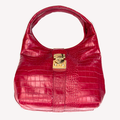 Vintage DKNY Red Croc-Embossed Leather Hobo Bag