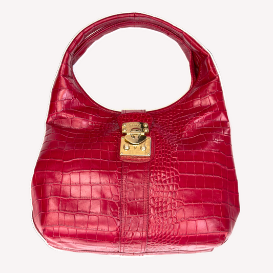 Vintage DKNY Red Croc-Embossed Leather Hobo Bag