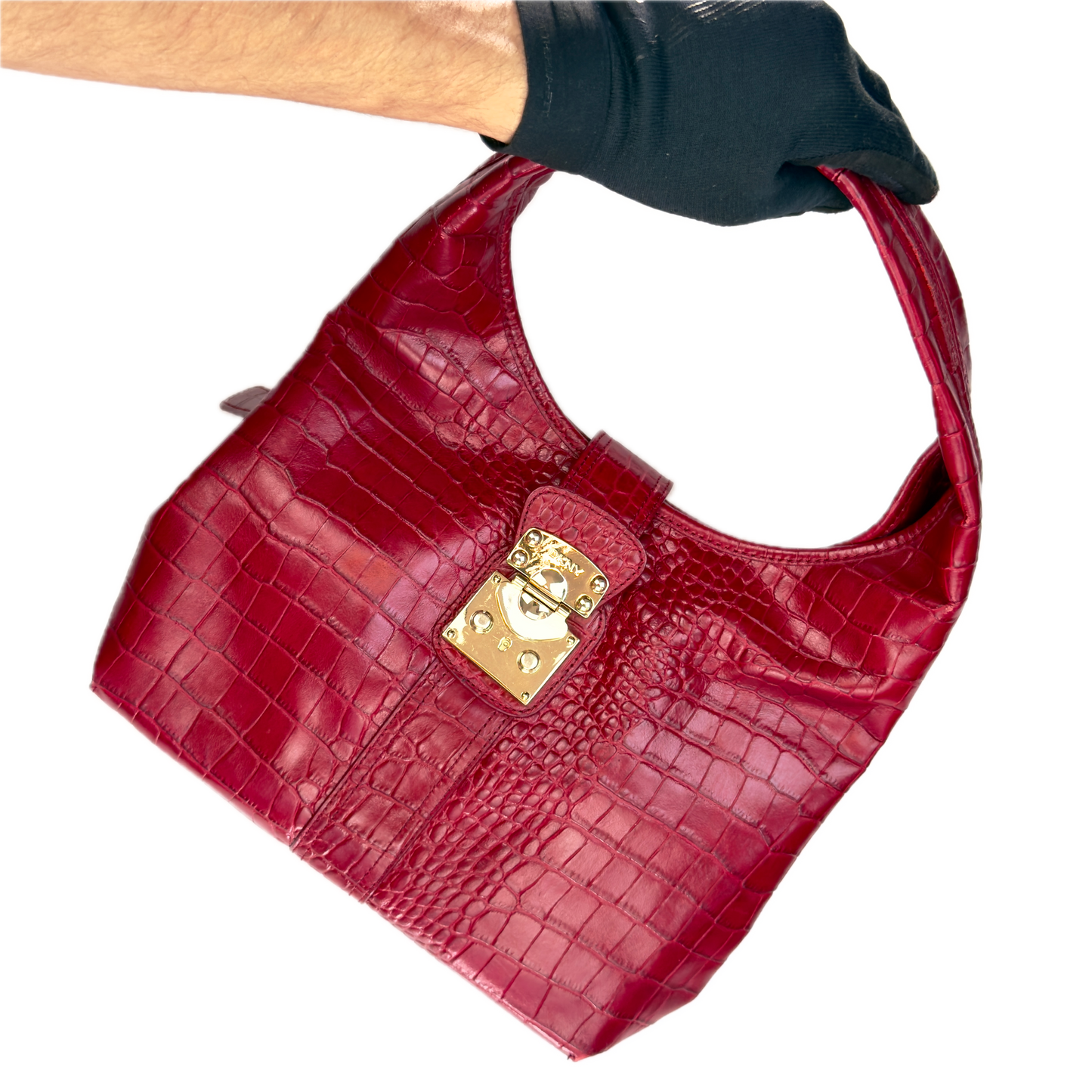 Vintage DKNY Red Croc-Embossed Leather Hobo Bag