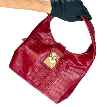 Vintage DKNY Red Croc-Embossed Leather Hobo Bag