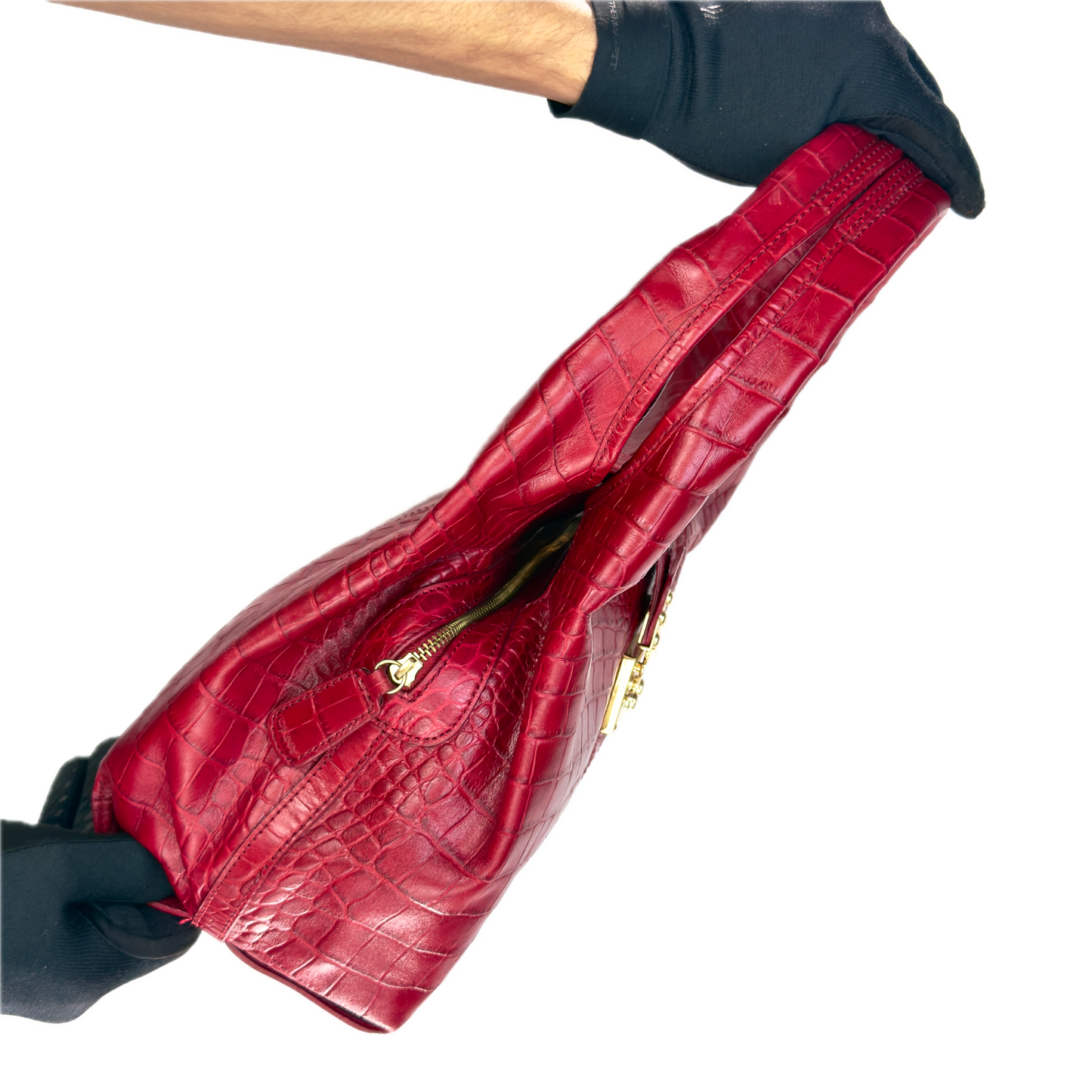 Vintage DKNY Red Croc-Embossed Leather Hobo Bag