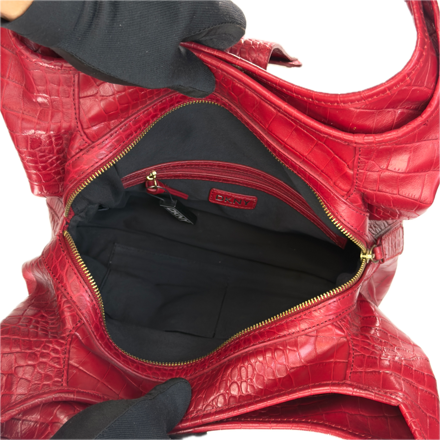 Vintage DKNY Red Croc-Embossed Leather Hobo Bag