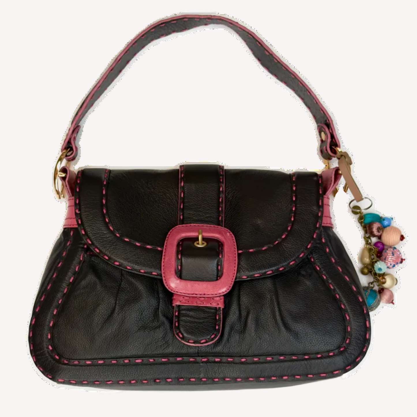 Vintage Butterfly by Matthew Williamson Black Leather Pink Stitch Shoulder Bag