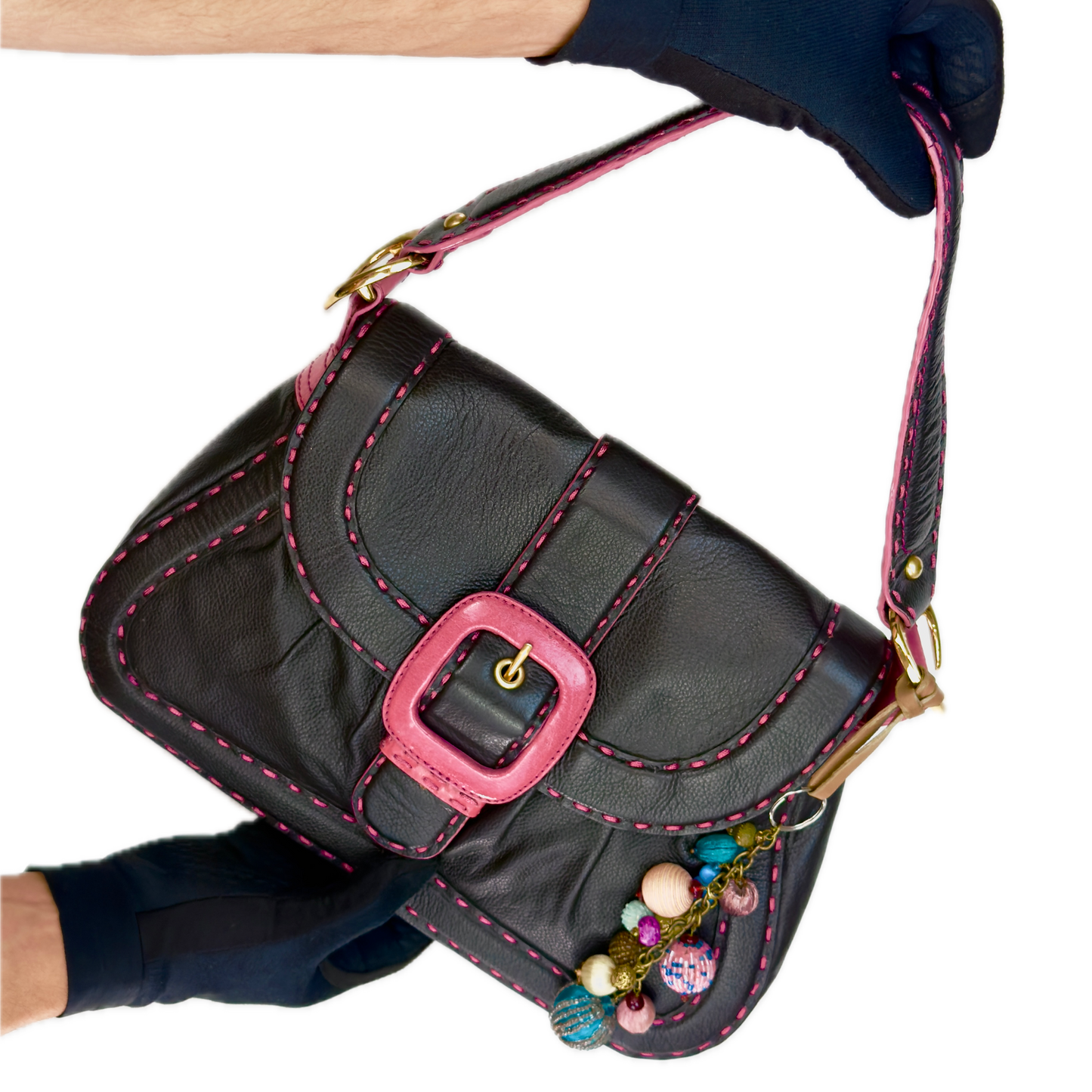 Vintage Butterfly by Matthew Williamson Black Leather Pink Stitch Shoulder Bag