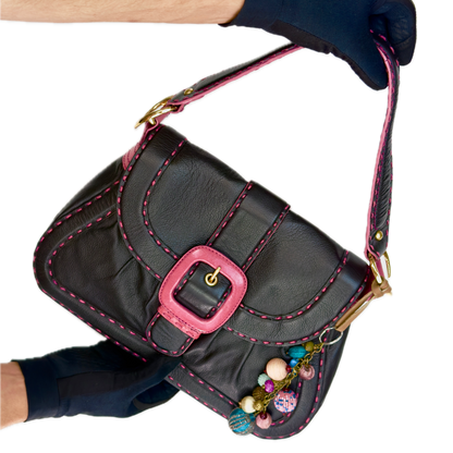 Vintage Butterfly by Matthew Williamson Black Leather Pink Stitch Shoulder Bag