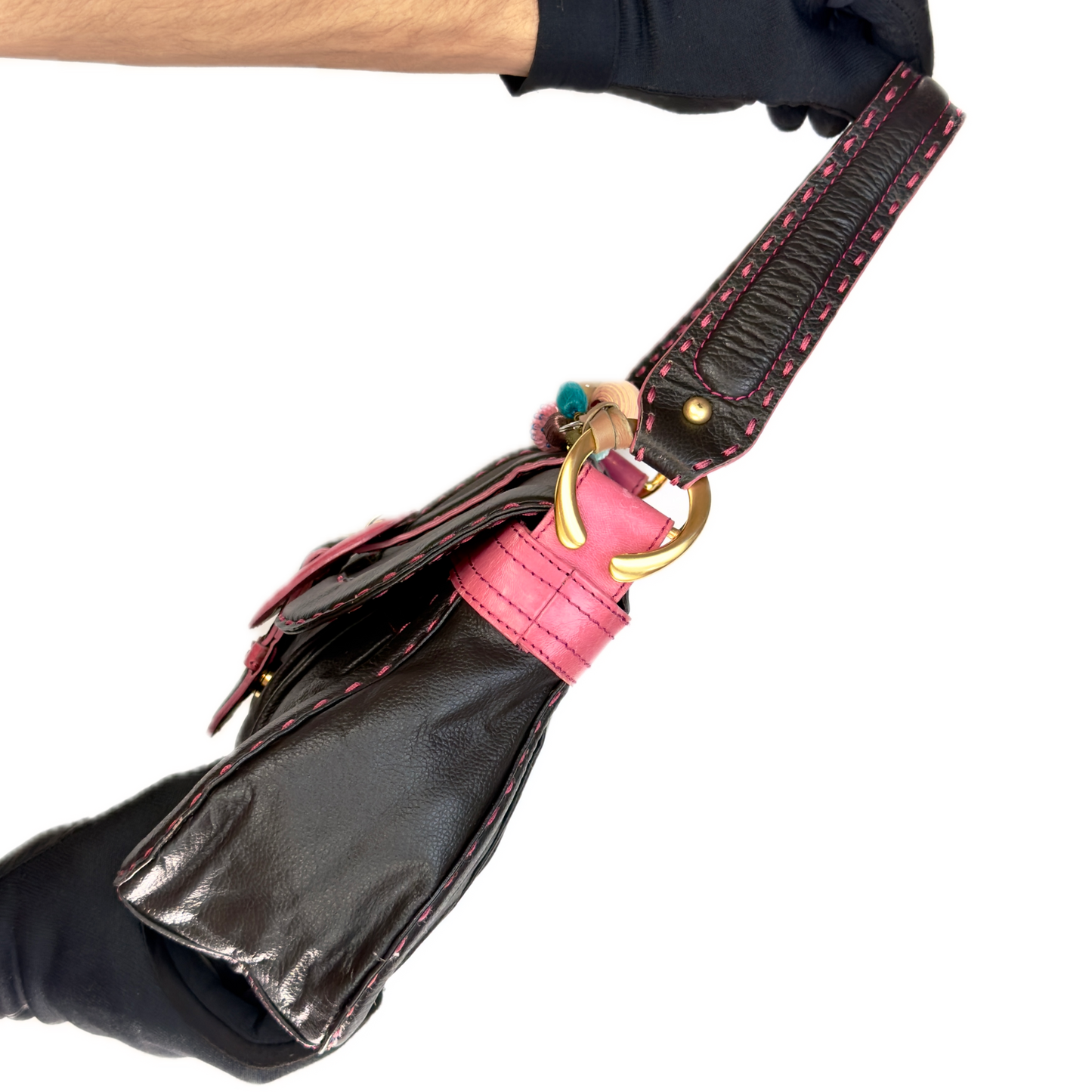 Vintage Butterfly by Matthew Williamson Black Leather Pink Stitch Shoulder Bag