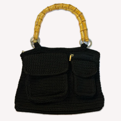 Vintage Deadstock Black Crochet Bamboo Top Handle Bag