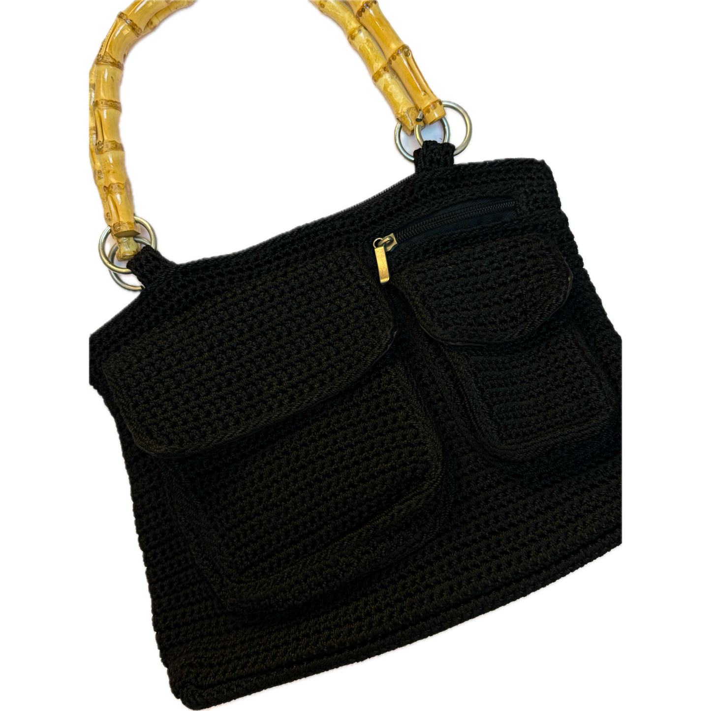 Vintage Deadstock Black Crochet Bamboo Top Handle Bag