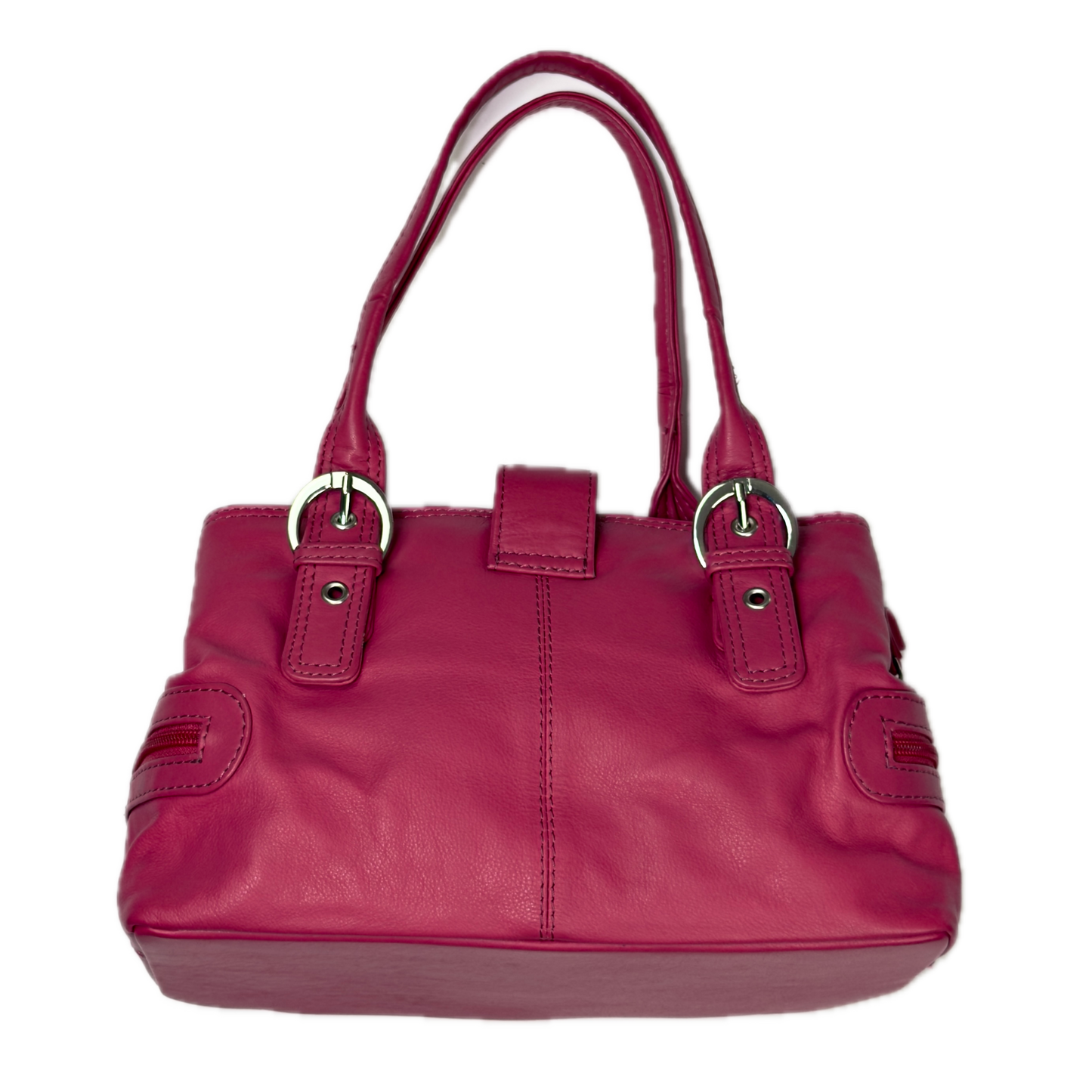 Vintage Clarks hot pink leather top handle bag featuring chunky silver buckle hardware and a triple compartment interior.