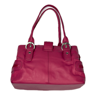 Vintage Clarks hot pink leather top handle bag featuring chunky silver buckle hardware and a triple compartment interior.