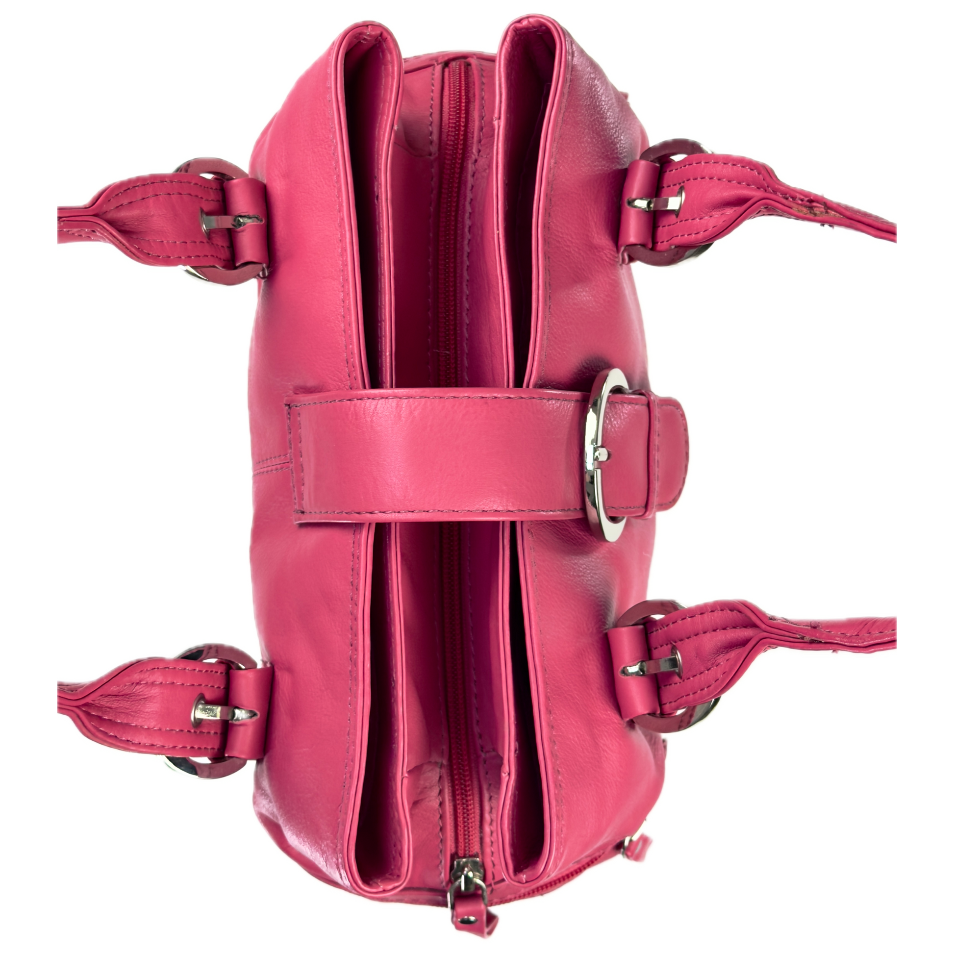 Vintage Clarks hot pink leather top handle bag featuring chunky silver buckle hardware and a triple compartment interior.