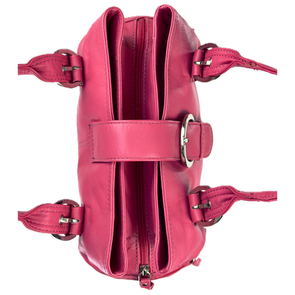 Vintage Clarks hot pink leather top handle bag featuring chunky silver buckle hardware and a triple compartment interior.
