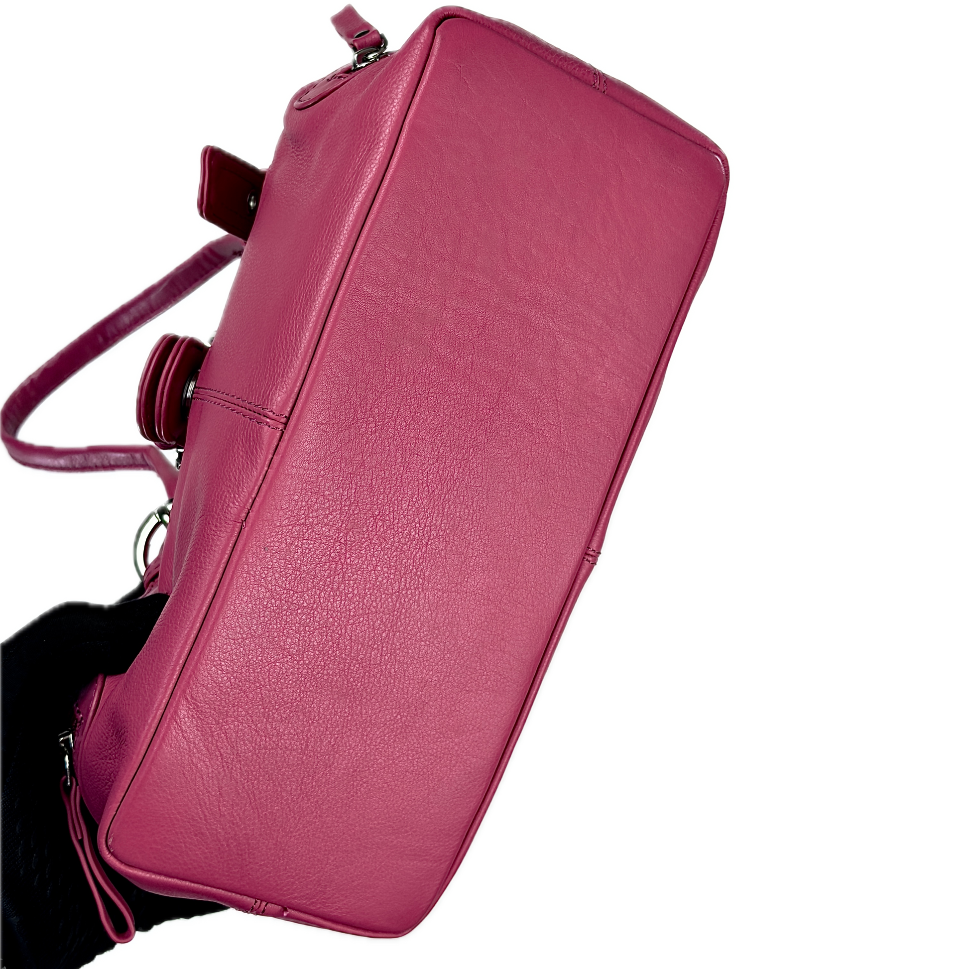 Vintage Clarks hot pink leather top handle bag featuring chunky silver buckle hardware and a triple compartment interior.