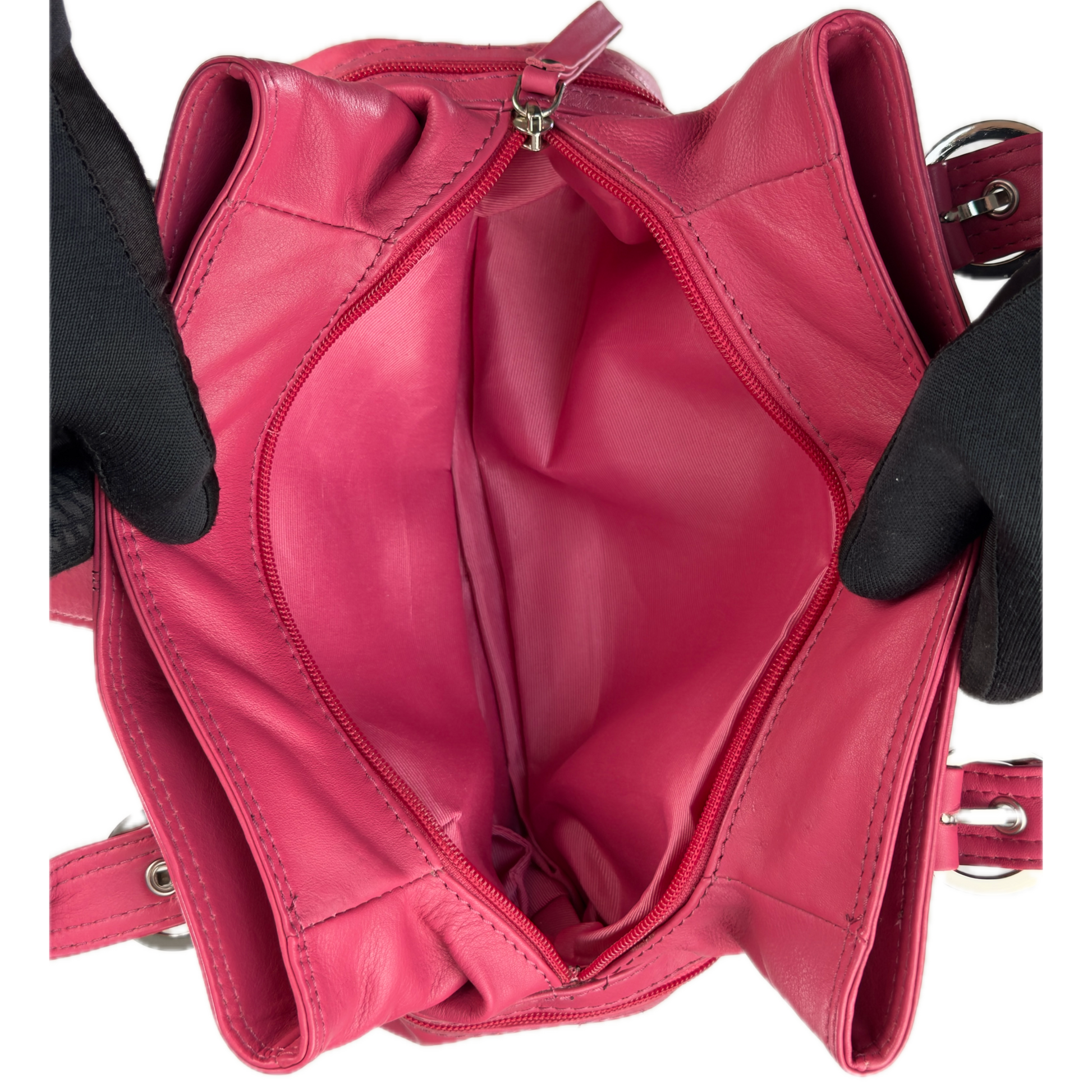 Vintage Clarks hot pink leather top handle bag featuring chunky silver buckle hardware and a triple compartment interior.