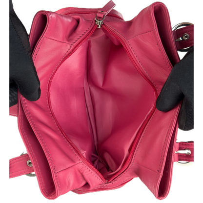 Vintage Clarks hot pink leather top handle bag featuring chunky silver buckle hardware and a triple compartment interior.