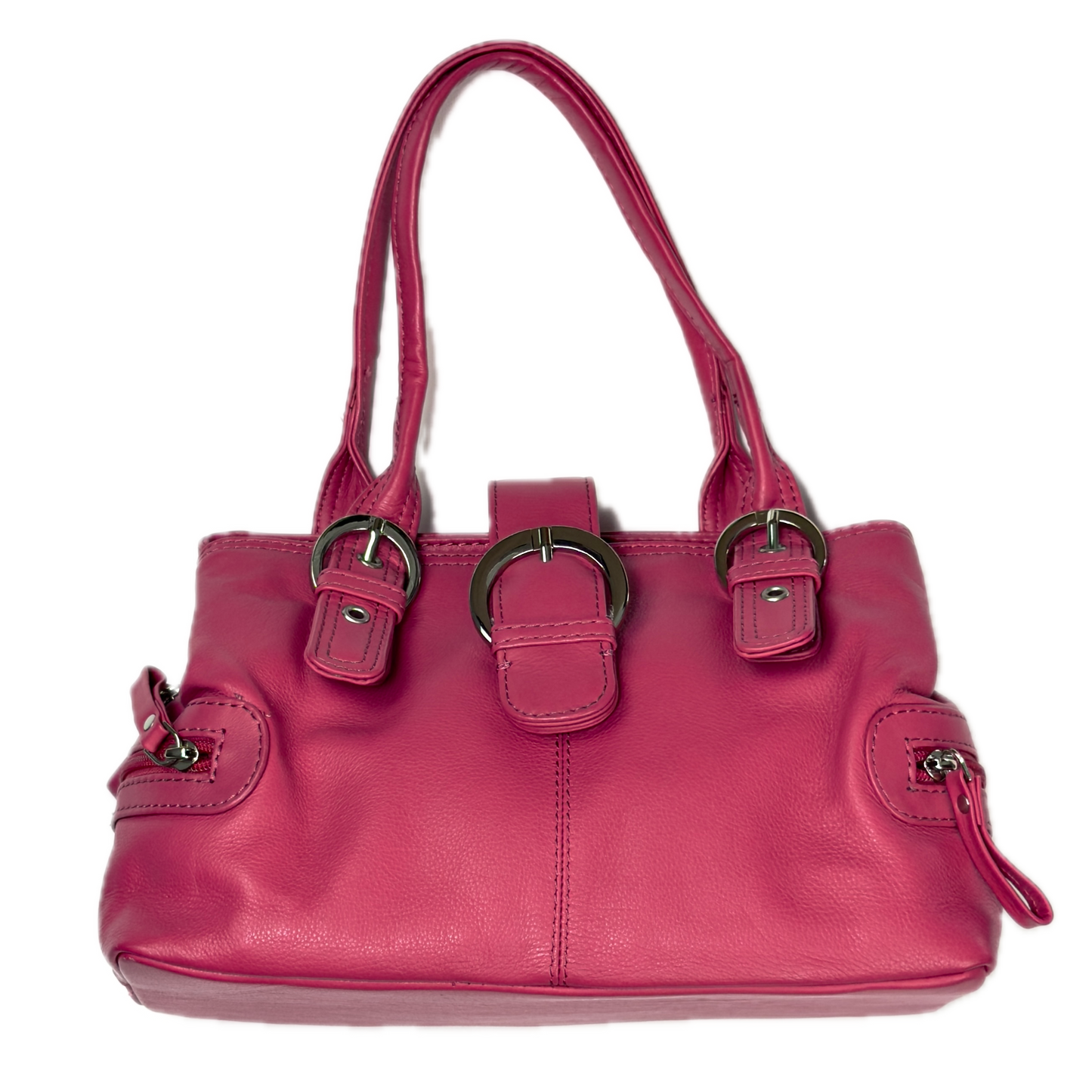 Vintage Clarks hot pink leather top handle bag featuring chunky silver buckle hardware and a triple compartment interior.