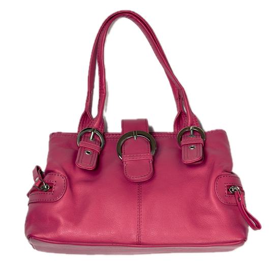 Vintage Clarks hot pink leather top handle bag featuring chunky silver buckle hardware and a triple compartment interior.