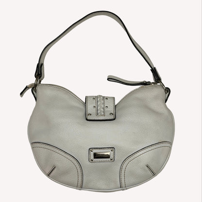 Vintage Coccinelle white pebbled leather hobo bag featuring braided leather details and silver stud hardware.