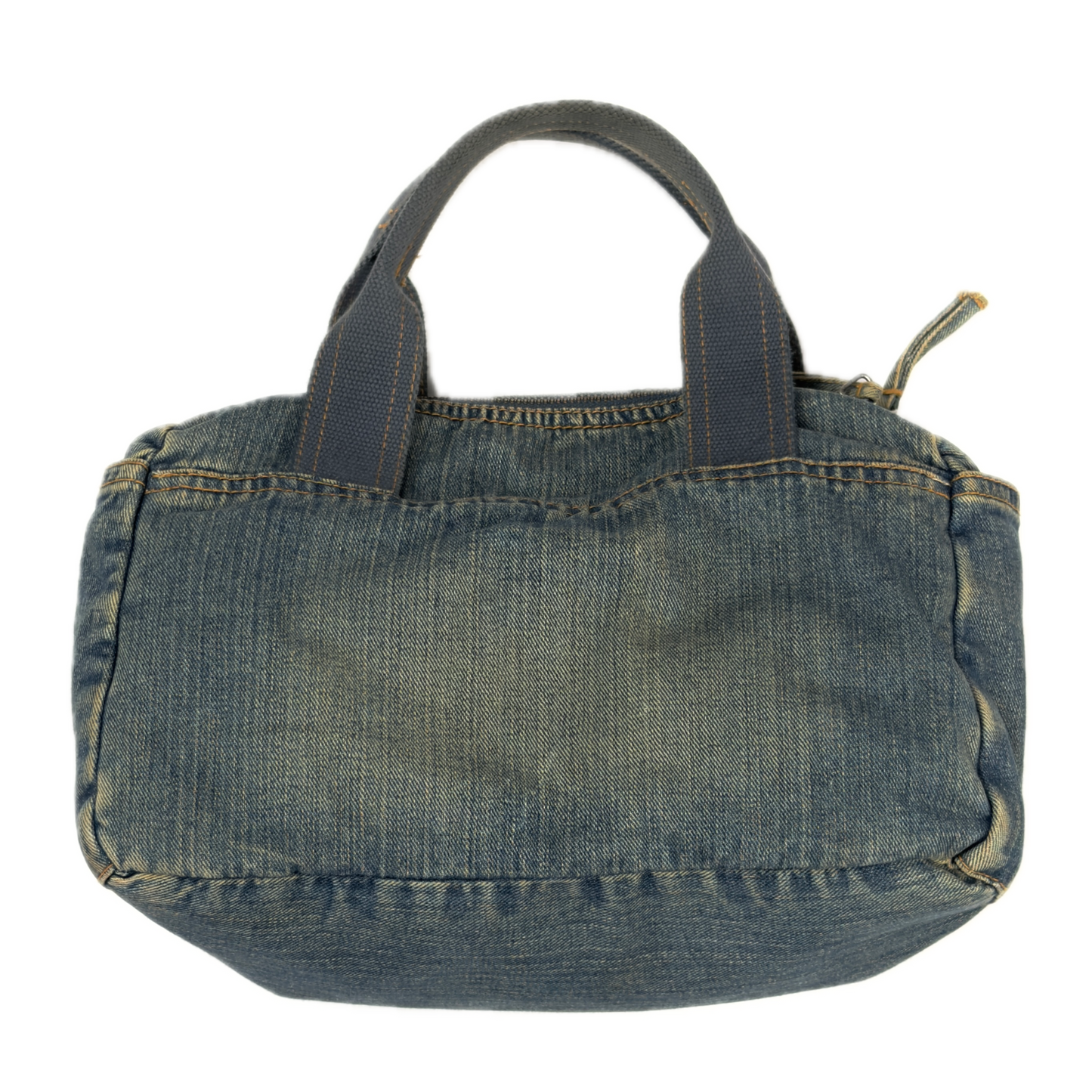 Vintage early 2000s FCUK denim top handle bag featuring a mustard yellow embroidered logo and two front jean pockets.