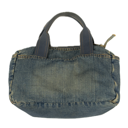 Vintage early 2000s FCUK denim top handle bag featuring a mustard yellow embroidered logo and two front jean pockets.
