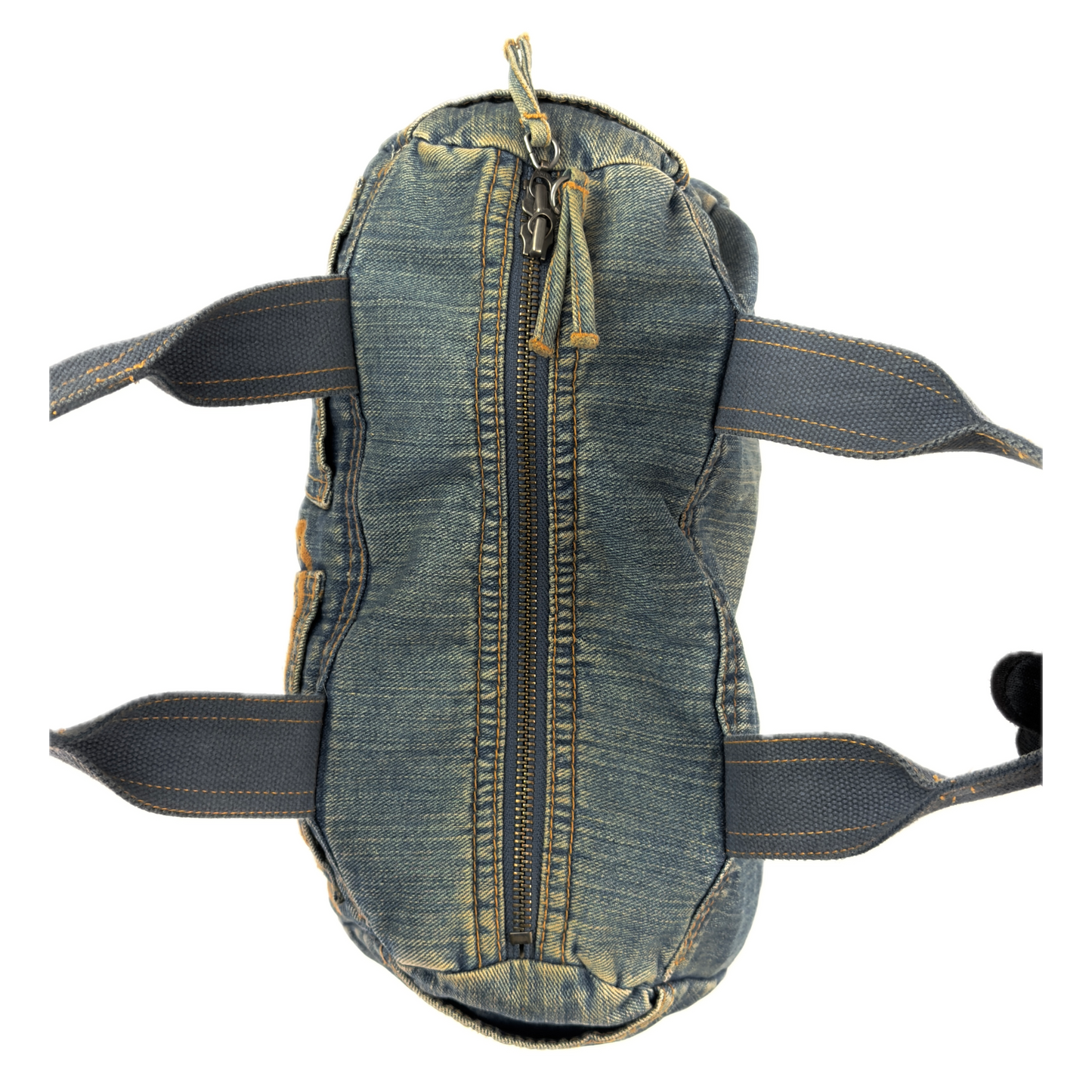 Vintage early 2000s FCUK denim top handle bag featuring a mustard yellow embroidered logo and two front jean pockets.