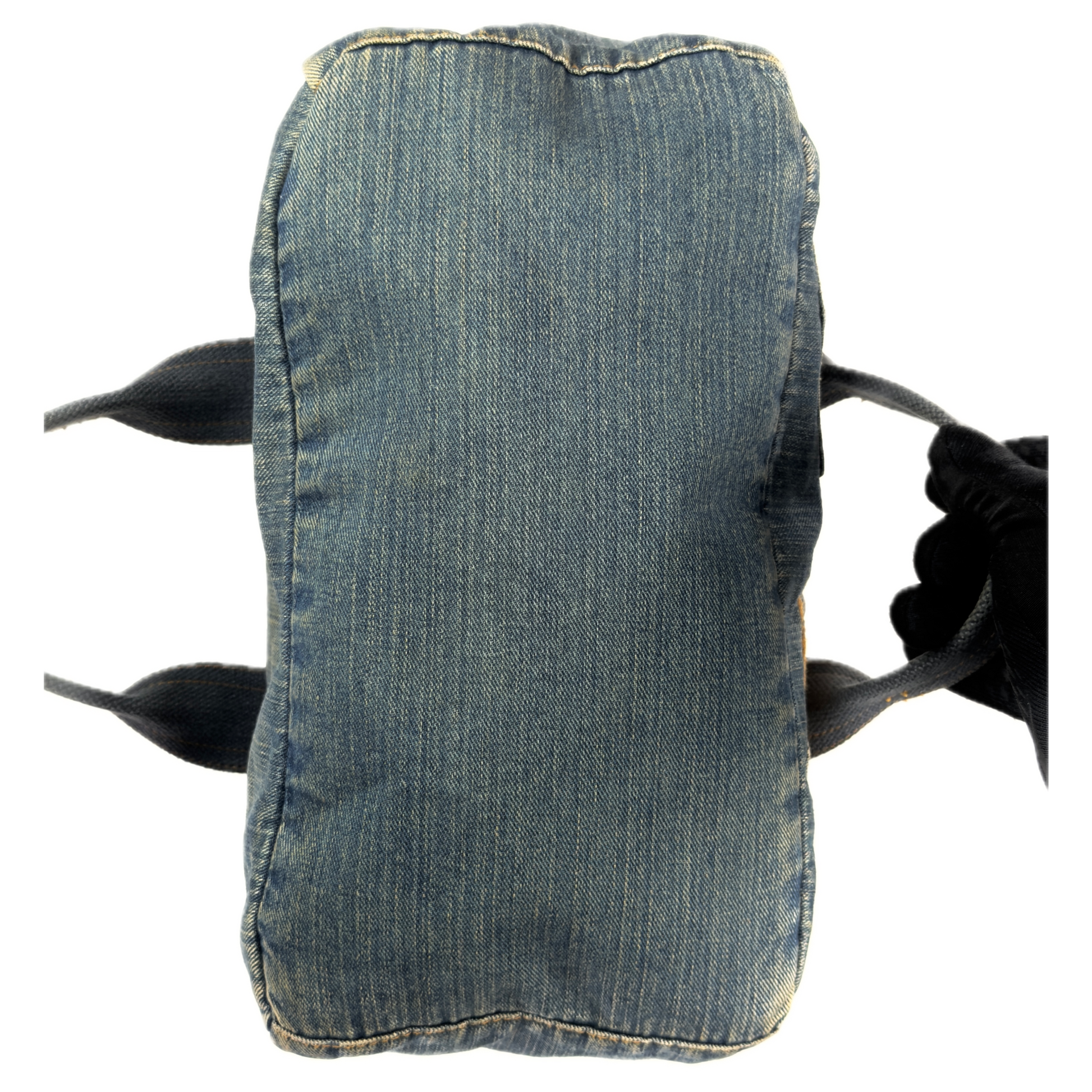 Vintage early 2000s FCUK denim top handle bag featuring a mustard yellow embroidered logo and two front jean pockets.