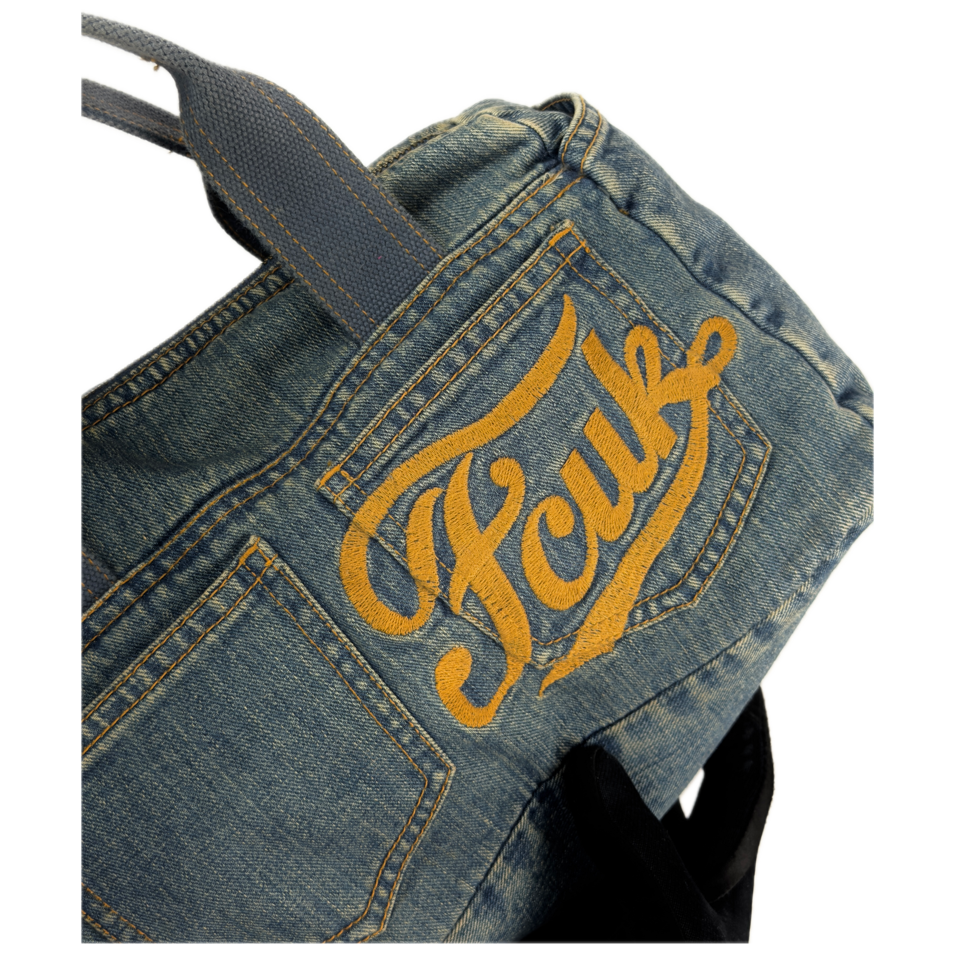 Vintage early 2000s FCUK denim top handle bag featuring a mustard yellow embroidered logo and two front jean pockets.