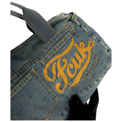 Vintage early 2000s FCUK denim top handle bag featuring a mustard yellow embroidered logo and two front jean pockets.