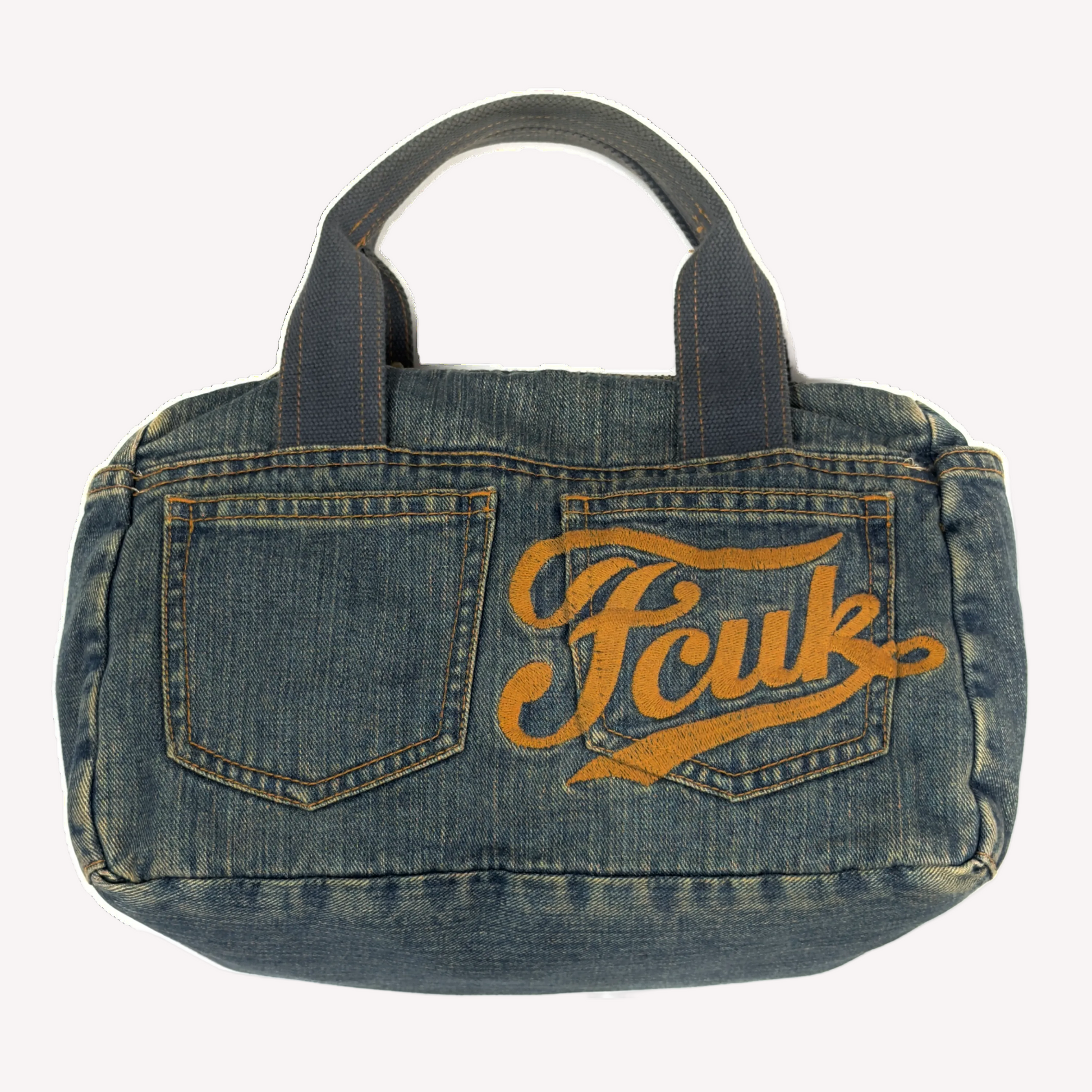 Vintage early 2000s FCUK denim top handle bag featuring a mustard yellow embroidered logo and two front jean pockets.