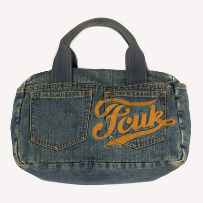 Vintage early 2000s FCUK denim top handle bag featuring a mustard yellow embroidered logo and two front jean pockets.