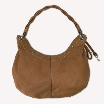 Vintage Fossil tan brown leather hobo bag featuring a braided shoulder strap, silver studs, and a signature key charm.