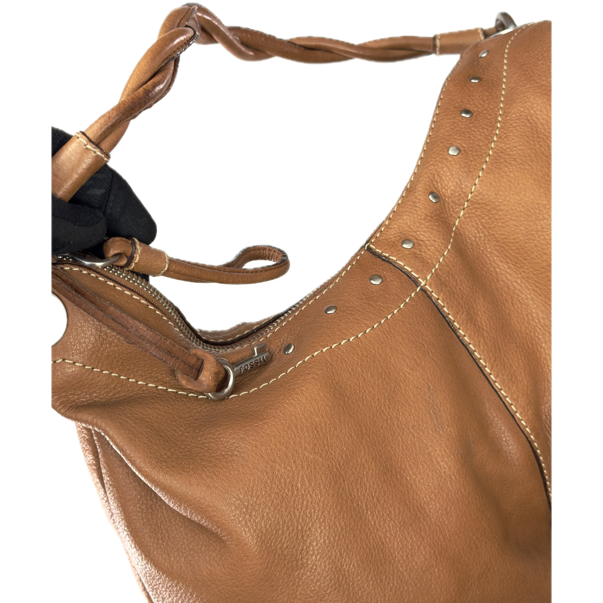 Vintage Fossil tan brown leather hobo bag featuring a braided shoulder strap, silver studs, and a signature key charm.