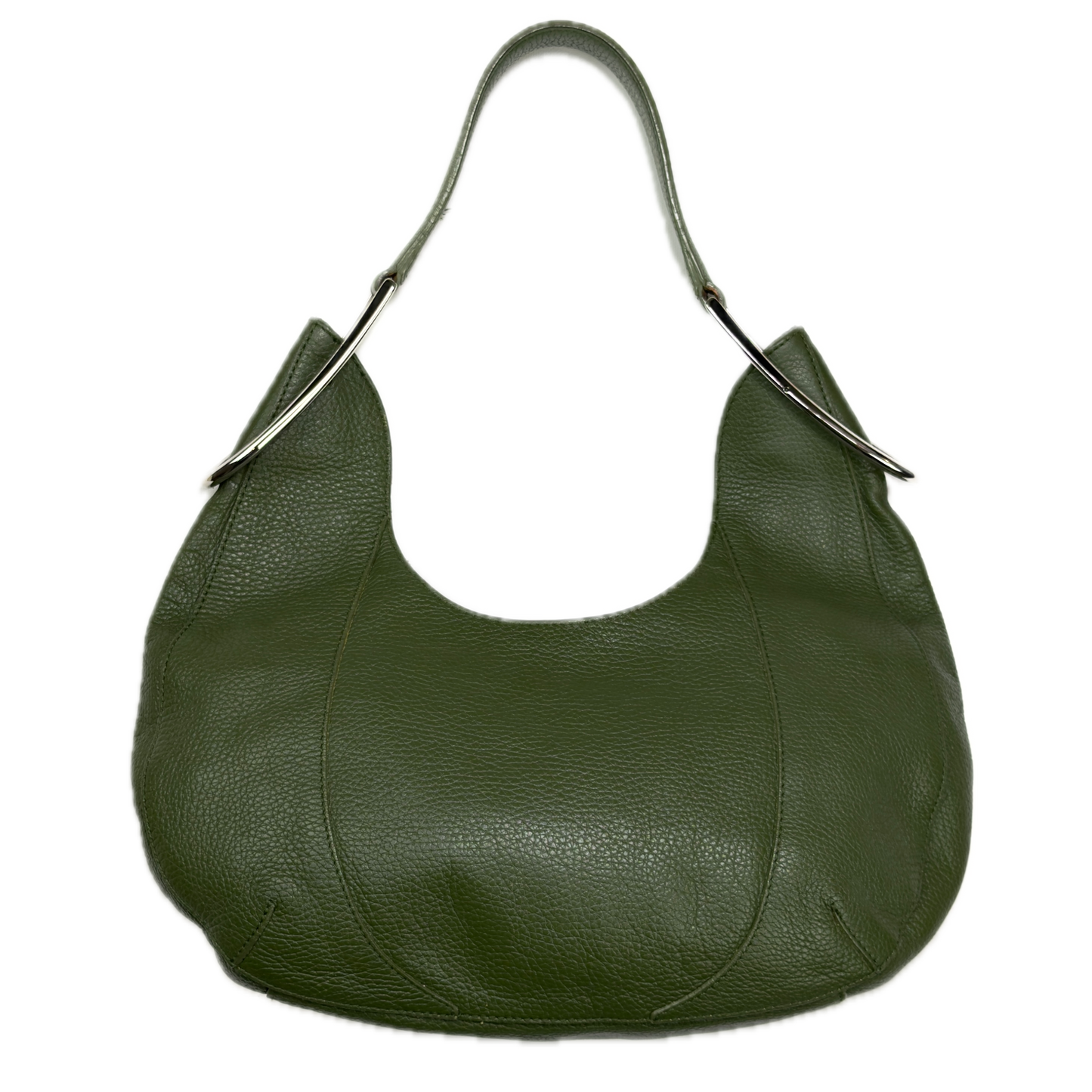 Vintage Furla forest green pebbled leather hobo bag featuring silver eyelet hardware and a structural shoulder strap.
