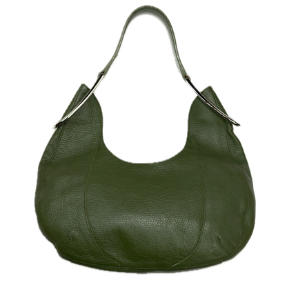 Vintage Furla forest green pebbled leather hobo bag featuring silver eyelet hardware and a structural shoulder strap.