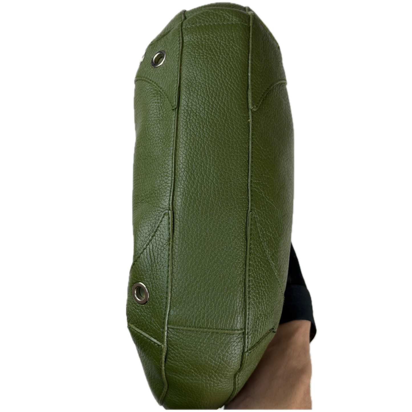 Vintage Furla forest green pebbled leather hobo bag featuring silver eyelet hardware and a structural shoulder strap.