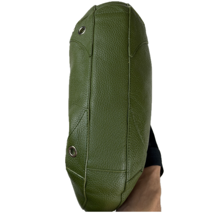 Vintage Furla forest green pebbled leather hobo bag featuring silver eyelet hardware and a structural shoulder strap.